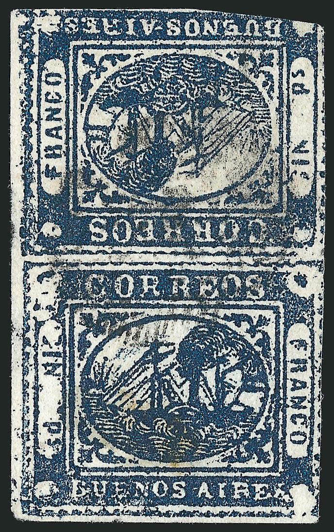 1859, 1p (In Ps) Deep Blue, Tete-Beche (7d).> Positions 3341 from the lower left corner of the sheet, top stamp the inverted cliche in second setting, minor faults but lightly cancelled with black <<ponchito>>
leaving ship design clearly visible<