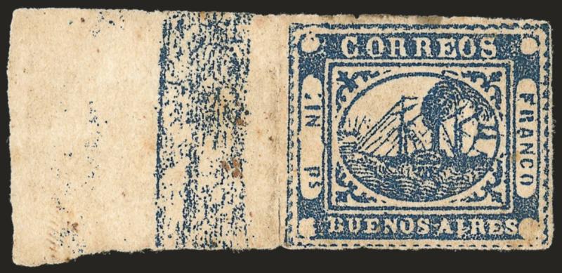 1859, 1p (In Ps) Blue (7).> Original gum, large margins including huge left sheet margin showing patterned frameline, crease in margin, small thins (or possibly gum soaks), still Very Fine appearance and scarce,
ex Amundsen and Boker