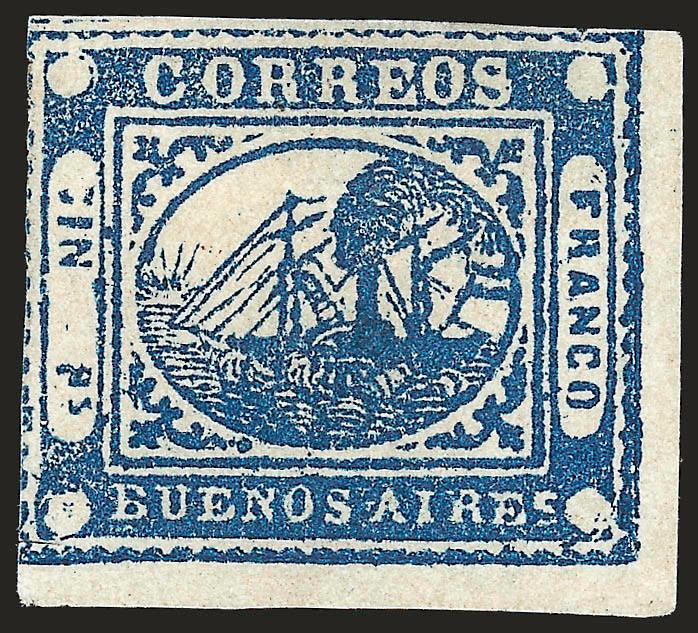 1859, 1p (In Ps) Blue (7).> Position 48, unused (no gum), huge bottom right corner sheet margins, large at top to slightly along left frameline, rich color and sharp impression, faint corner crease and small
scissors-cut at lower left, otherwise Ve