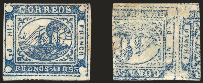 1859, 1p (In Ps) Blue, Printed on Both Sides (7b).> Position 39 and an inverted impression of another position on back, unused (no gum), large margins to slightly in along top and left frameline only, faint trace
of toning<><>^VERY FINE. THE ONLY