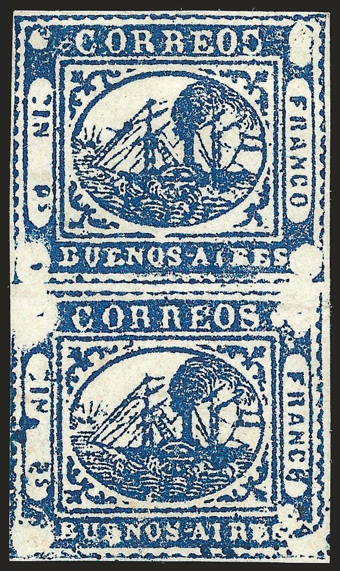 1859, 1p (In Ps) Blue (7).> Positions 3442, vertical pair, unused (no gum), framelines clear all around, beautiful color and impression showing the extensive plate defects from nails in corners of bottom stamp,
faint horizontal crease and minute p