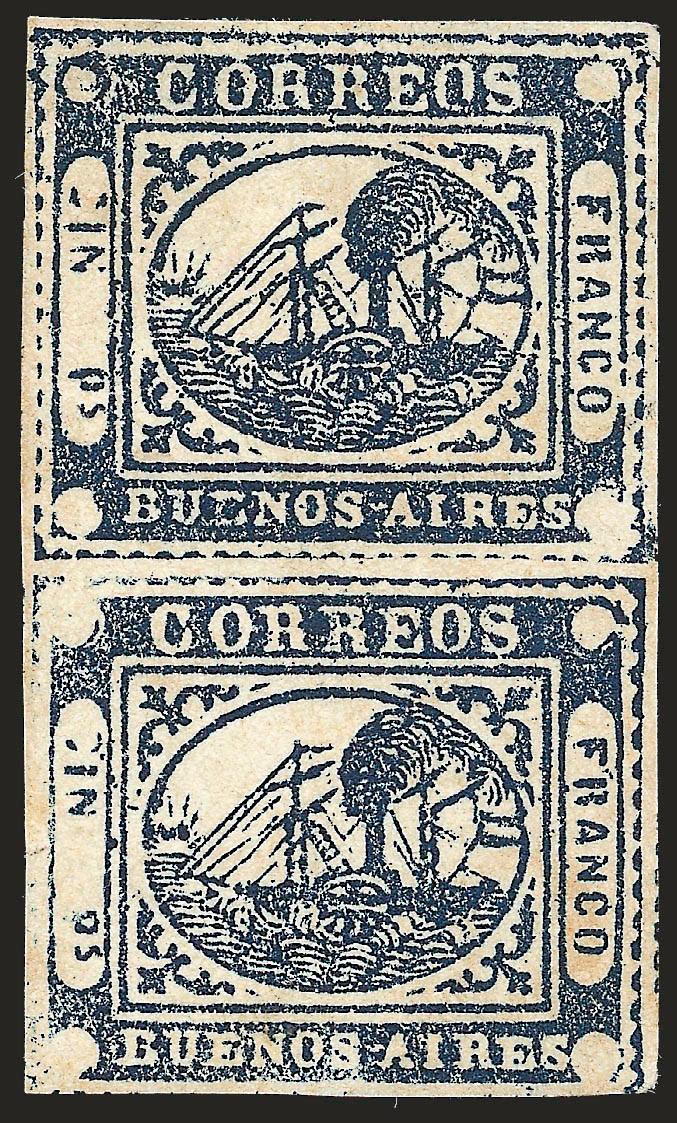 1859, 1p (In Ps) Indigo (7a).> Positions 311, vertical pair, unused (no gum), three large margins, just in along frameline at bottom, dark shade and fine impression, faint stains and tiny crease in bottom stamp,
otherwise Very Fine, scarce, ex Cas