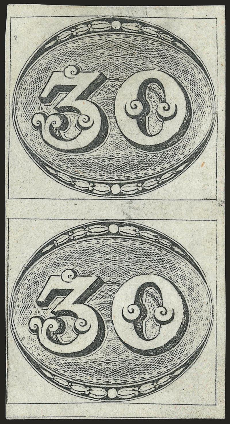 1843, 30r Black, Late Impression (1).> Vertical pair, unused (no gum), large margins to just touched at left, small fault at lower left<><>^FINE APPEARANCE AND EXCEEDINGLY RARE. THE 30-REIS VALUE IS FAR RARER IN
UNUSED MULTIPLES THAN ITS 60 AND 90-