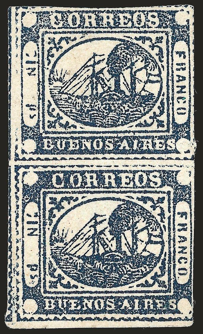 1859, 1p (In Ps) Indigo (7a).> Positions 3644, vertical pair, unused (no gum), huge left margin and large bottom margin, slightly in at right at top, dark shade and fine impression, small tear at right, otherwise
Fine, scarce, signed Kneitschel