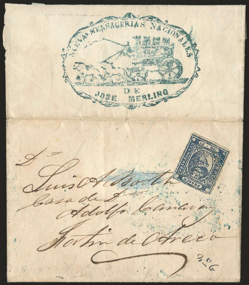 1859, 1p (In Ps) Blue (7).> Large margins except in one place at upper right, bright shade, uncancelled but tied by light blue ink smears on folded letter to street address in Buenos Aires, backflap has a clear
strike of blue <Nuevas Mensagerias N