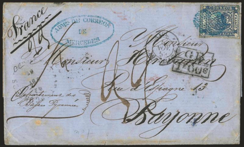 1859, 1p (In Ps) Blue (7).> Large margins to just touched, small spot of wear at upper right corner, tied by blue <<ponchito>> cancel, matching Admon. de Correos de Mercedes double-oval handstamp on blue folded
cover <to Bayonne, France,> faint b