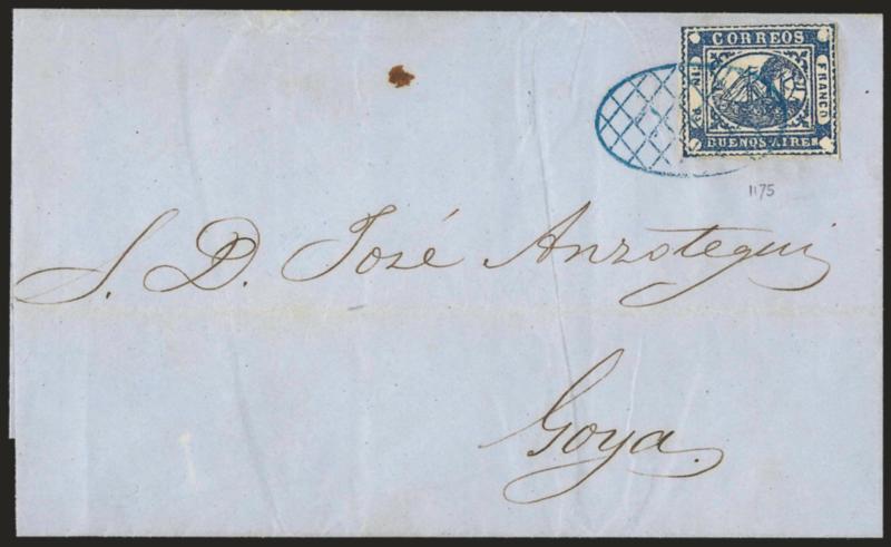 1859, 1p (In Ps) Blue (7).> Ample margins to just touched, beautiful crisp shade and impression, tied by <blue Estafeta Central oval grid> cancel on blue folded cover to Goya, receipt docketing with Nov. 12, 1859
origin date, Very Fine, ex Schatz
