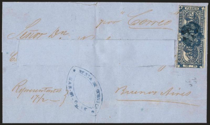 1859, 1p (In Ps) Blue (7).> Horizontal pair, large bottom sheet margin, other sides slightly in, scissors-cut between stamps, cancelled by blue <<ponchito>> with matching Renta de Correos, San-Nicolas double-oval
handstamp on blue folded cover to