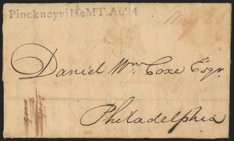 Pinckneyville MT. Au24.> Well-struck straightline datestamp with red ms. Way 26 on folded letter from <Daniel Clark> (Chief Commissioner for the Louisiana Purchase and Territorial Delegate) to Daniel Coxe in
Philadelphia, datelined <<Houmas 24 Lea