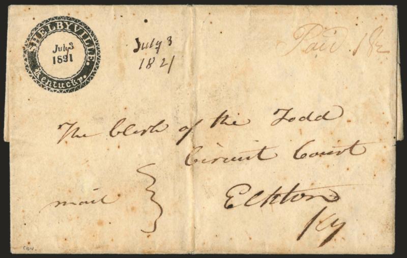 Shelbyville Kentucky, July 3, 1831.> Perfect strike of negative letters in ornately-framed circle with additional ms. date at right and ms. Paid 18-12 rate on folded letter to Elkton Ky., few slight age spots,
light vertical file fold well clear o
