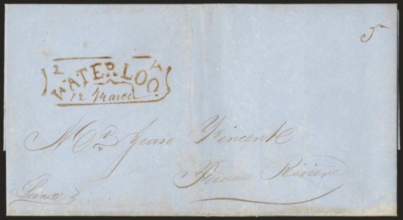 Waterloo La., 12 March.> Well-struck shield-shaped handstamp struck in brownish-black and with date in ms., matching ms. 5 on blue folded letter datelined <<Nouvelle Orleans 10 Mars. 1849>>, endorsed <<Luna>> at
bottom left, lightly cleaned, Ve
