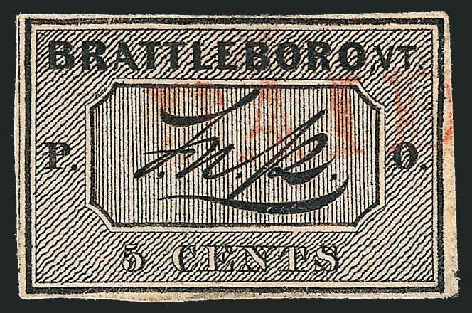Brattleboro Vt., 5c Black on Buff (5X1).> Position 5 from the upper right corner of the sheet of ten, large margins all around, crisp impression, <red Paid> cancel, usual thin spots and faint diagonal crease at
bottom right<><>^EXTREMELY FINE APP