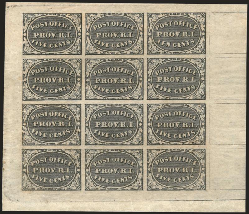 Providence R.I., 5c & 10c Gray Black, Se-Tenant (10X2a).> Complete sheet of twelve, original gum, h.r. at top, large margins, crisp impression, few natural gum bends, light crease at bottom right does not affect
any stamps<><>^VERY FINE COMPLETE SH