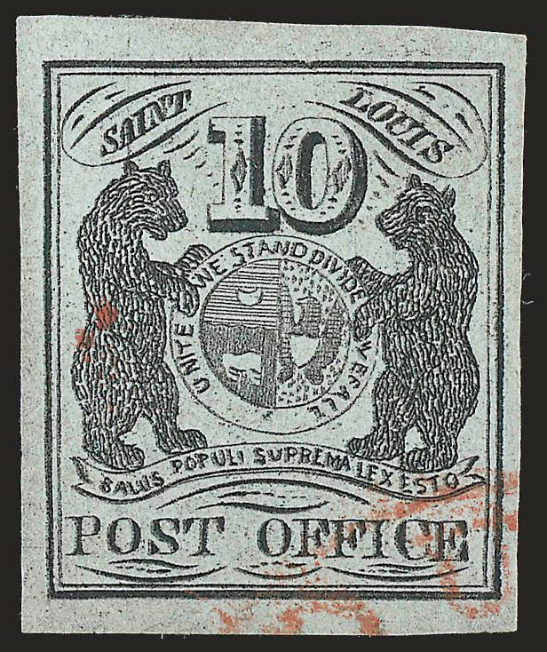 St. Louis Mo., 10c Black on Greenish (11X2).> Type III, Position 6, large even margins, intense shade, <cancelled solely by red circular datestamp,> most recent certificate notes a natural paper wrinkle at left
center which is utterly trivial<><>^E