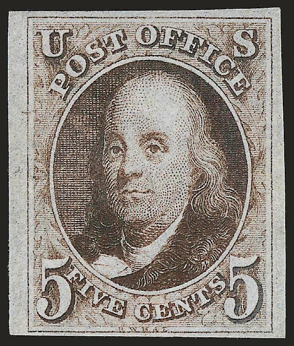 5c Dark Brown (1a).> Original gum, lightly hinged, intense shade in the distinctive Dark Brown shade, large margins to full<><>^VERY FINE AND CHOICE. A BEAUTIFUL FOUR-MARGIN AND SOUND ORIGINAL-GUM EXAMPLE OF THE
5-CENT 1847 ISSUE IN THE DARK BROWN