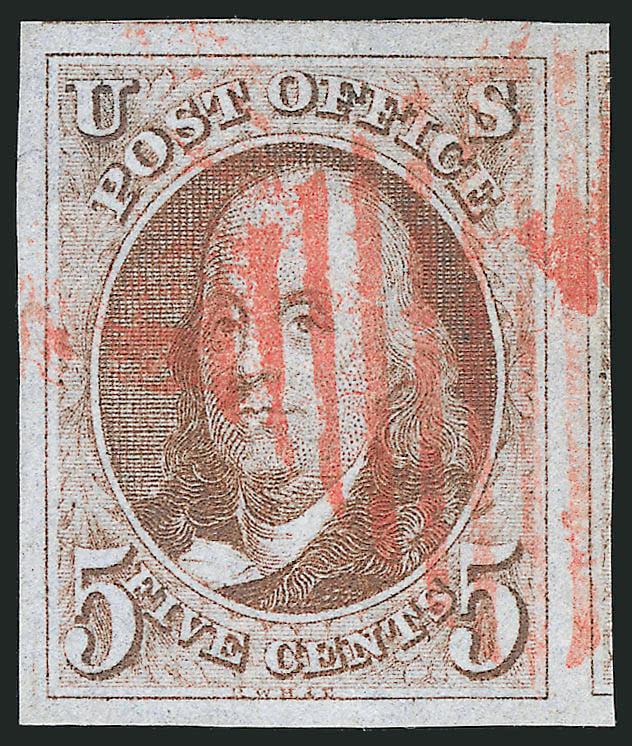 5c Red Brown (1).> Huge margins all around incl. part of adjoining stamp at top and significant portion of adjoining stamp at right, brilliant color nicely complemented by red New York square grid
cancel<><>^EXTREMELY FINE GEM. A MAGNIFICENT USED E