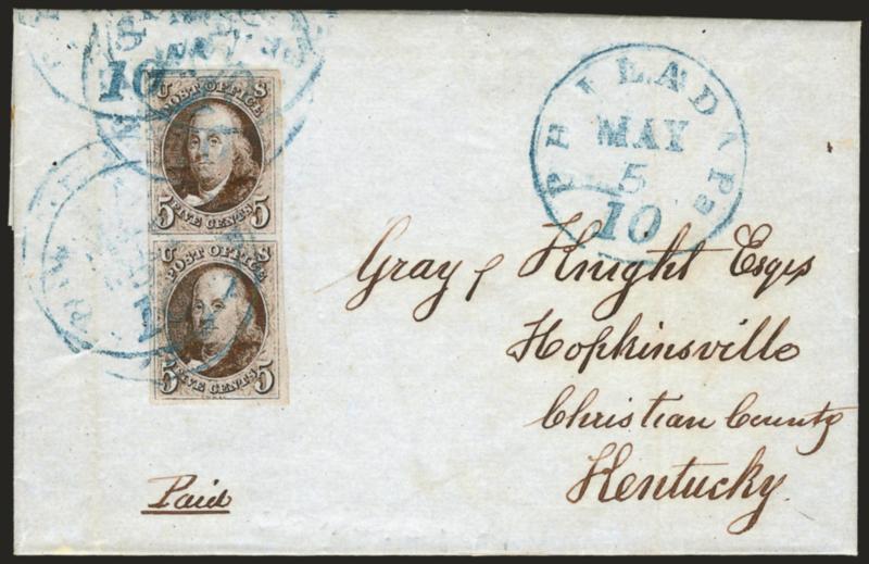 5c Red Brown (1).> Vertical pair, large even margins, tied by multiple strikes of blue Philada. Pa. 10 May 5 integral-rate circular datestamp on 1849 folded letter to Hopkinsville Ky., faint vertical file folds
well away from stamps, fresh and Extr
