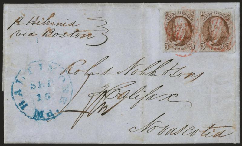 5c Red Brown (1).> Horizontal pair, huge margins to full, right stamp tear at top, tied by red grids, blue Baltimore Md. Sep. 15 circular datestamp on 1850 folded letter <to Halifax, Nova Scotia,> endorsed <<pr
Hibernia via Boston>>, ms 4-12 r