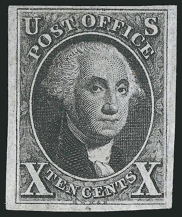 10c Black (2).> Unused (no gum), large margins to full, intense shade and detailed impression<><>^VERY FINE AND CHOICE. A BEAUTIFUL UNUSED EXAMPLE OF THE 10-CENT 1847 ISSUE.^<><>With 2007 P.S.E. certificate (VF
80 SMQ $13,800.00)