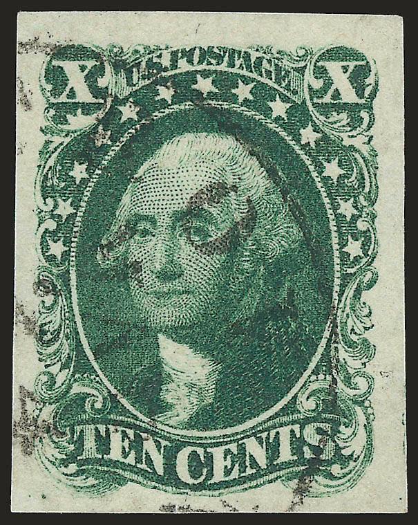 10c Green, Ty. I (13).> Huge even margins all around, deep rich color on crisp paper, neat strike of circular datestamp cancel leaves design characteristics clearly visible<><>^EXTREMELY FINE GEM. A SUPERB USED
EXAMPLE OF THE 1855 10-CENT TYPE I.^<