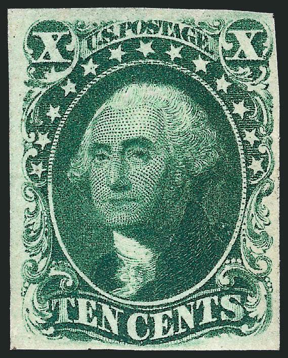 10c Green, Ty. III (15).> Original gum, large margins to full, deep rich color and proof-like impression on bright paper<><>^VERY FINE. A REMARKABLY BEAUTIFUL ORIGINAL-GUM EXAMPLE OF THE 1855 10-CENT TYPE
III.^<><>With 1979 P.F. certificate