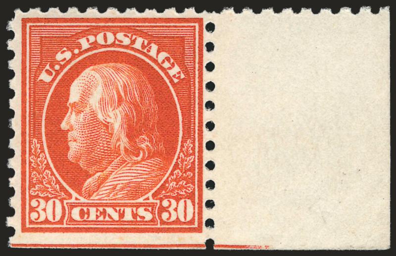 30c Orange Red, Perf 10 (476A).> Position 100 from Plate No. 6911 and with selvage at right and natural s.e. at bottom, Mint N.H., vibrant color<><>^FINE EXAMPLE OF THE VERY RARE 30-CENT PERF 10
WASHINGTON-FRANKLIN ON UNWATERMARKED PAPER.^<><>Wit