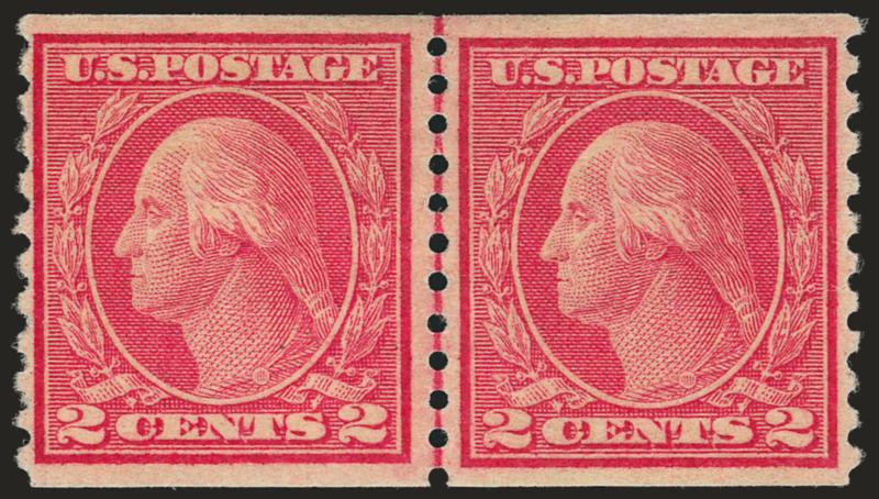 2c Carmine, Ty. II, Coil (491).> Joint line pair, lightly hinged, radiant color, exceptionally well-centered, tiny corner crease at top right<><>^EXTREMELY FINE APPEARANCE. A WELL-CENTERED JOINT LINE PAIR OF THE
RARE 2-CENT TYPE II PERF 10 HORIZONT