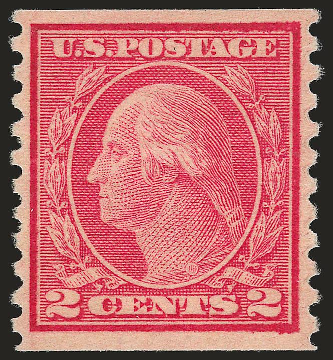 2c Carmine, Ty. II, Coil (491).> Lightly hinged, radiant color and crisp impression, wide margins<><>^VERY FINE AND CHOICE EXAMPLE OF THE 2-CENT ROTARY TYPE II COIL ISSUE.^<><>With 2007 P.S.E. certificate (VF-XF
85 SMQ $3,300.00).