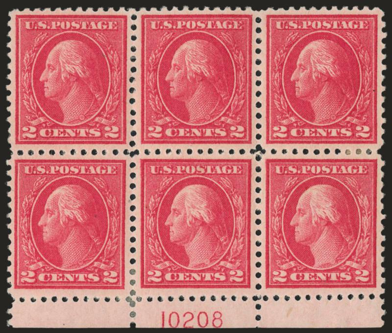 2c Deep Rose, Ty. I-Ia (499-500).> Bottom plate no. 10208 block of six, center and right stamps at bottom Type I (No. 499), other four Type Ia (No. 500), h.r. at right and bottom, radiant color, choice
centering<><>^VERY FINE AND CHOICE. AN EXCEEDI