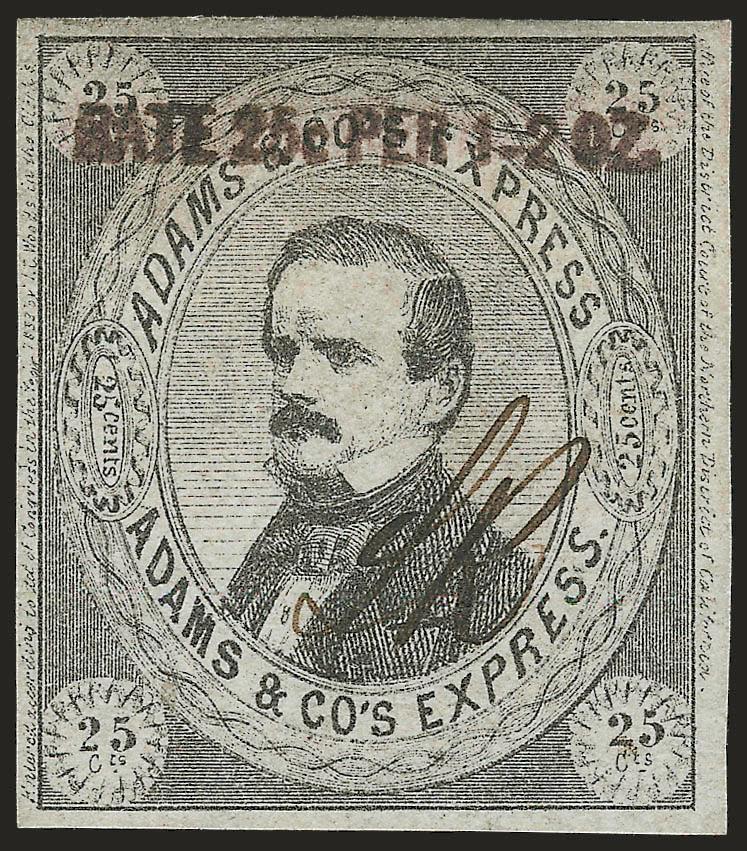 Adams & Co.s Express, Cal., 25c Black, Rate 25c Per 1-2 Oz., Black Overprint (1L5).> Unused (no gum), LR (L. Reed) initials, large margins<><>^EXTREMELY FINE. AN EXCEEDINGLY RARE SOUND EXAMPLE OF THE ADAMS &
CO.S EXPRESS STAMP WITH BLACK OVER