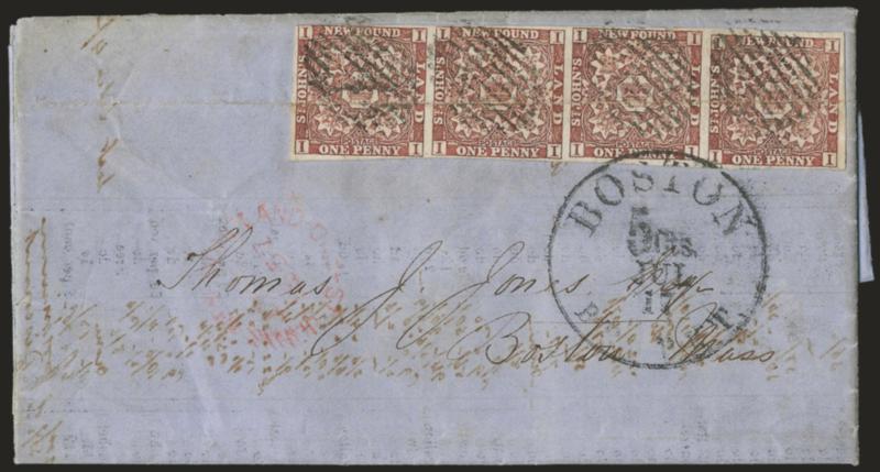 NEWFOUNDLAND, 1857, 1p Brown Violet (1 SG 1).> Horizontal strip of four, large margins to just barely in at top left, tied by grids, red St. Johns Newfoundland, Paid, JY 7, 1857 circular datestamp on printed
Prices Current with note, to Boston Ma