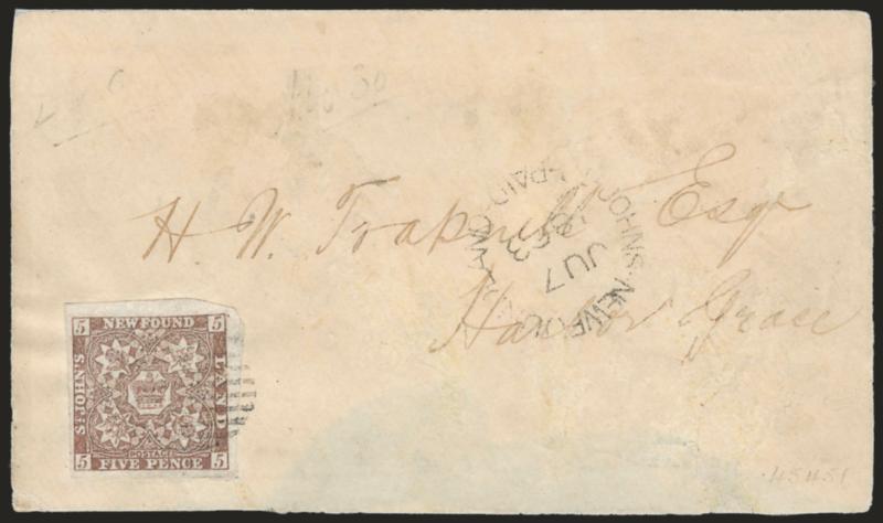 NEWFOUNDLAND, 1861, 5p Chocolate Brown (15Ac SG 16).> Large to huge margins with such wide margins on two sides that we wonder whether this could be a corner margin single, tied by neat strike of grid, St. Johns
Newfoundland Paid JU 7, 1863 rimle