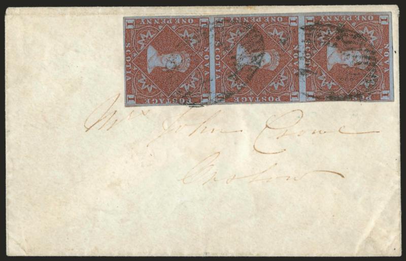 NOVA SCOTIA, 1853, 1p Red Brown (1 SG 1).> Vertical strip of three, three large margins, full to just in at right, deep rich color, tied by grids, Antigonish N.S. FE 2, 1857 backstamp on cover, Truro transit
backstamp<><>^VERY FINE AND CHOICE. A