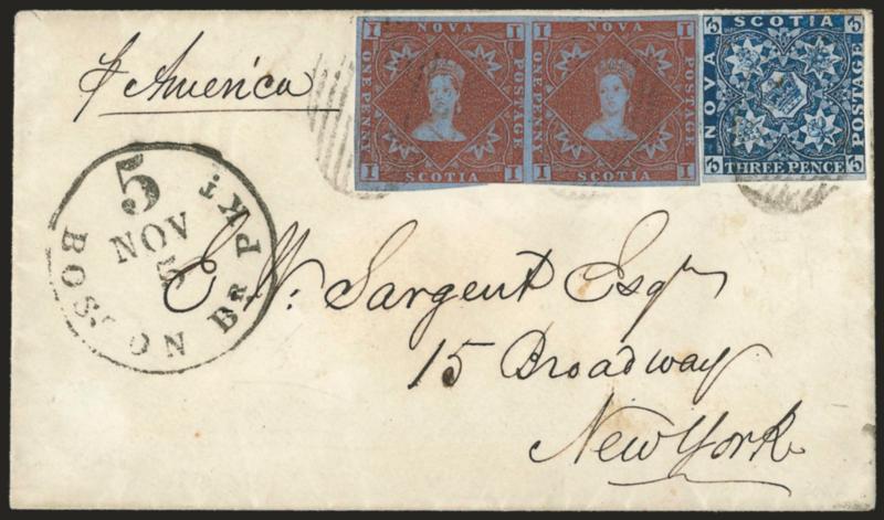 NOVA SCOTIA, 1851, 1p Red Brown, 3p Dark Blue (1, 3 SG 1, 2).> Horizontal pair of 1p Red Brown, large margins almost all around (clear at bottom center), 3p three ample to large margins, touched at one side,
tied by oval grid cancels, Halifax-Nova-