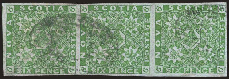NOVA SCOTIA, 1851, 6p Yellow Green (4 SG 5).> Horizontal strip of three, large margins to clear, cancelled by two neat strikes of grid cancel<><>^VERY FINE AND CHOICE. A SCARCE SOUND MULTIPLE OF THE NOVA SCOTIA
1851 6-PENCE YELLOW GREEN.^<><>Ex