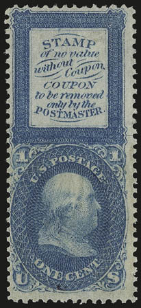 1c Franklin, Bowlsby Patent Coupon Essays (63-E13c, 63-E13h).> Single of each, latter in Blue, Fine-Very Fine