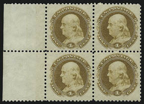 1c Small Numeral, Plate Essay on Stamp Paper, Perforated 12 (112-E4c).> Left selvage block of four, pair and four singles, all except one original gum, Fine-Very Fine, also incl. one 114-E6c