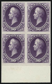 2c-90c 1887-88 American Bank Note Co. Issue, Plate Proofs on India (213P3-216P3, 218P3).> Blocks of four except 2c block of six, 90c with sheet margin at bottom and on card, Very Fine