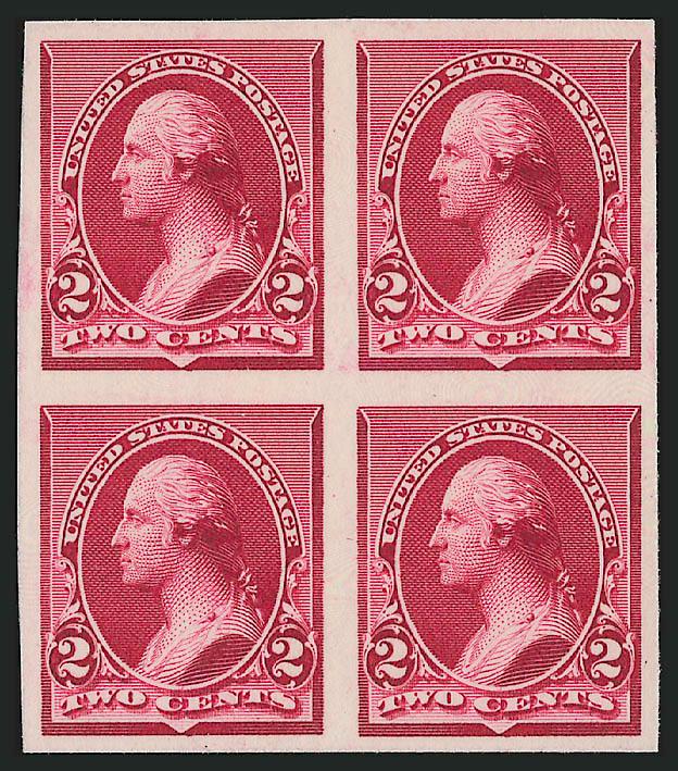 2c Carmine, Plate Proof on Card (220P4).> Block of four, large margins, brilliant color, Very Fine and choice