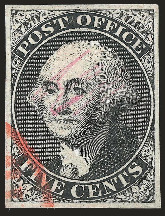 New York N.Y., 5c Black, AC M Initials (9X1a).> Attractive balanced margins all around, clear impression, neatly cancelled in the bottom left corner by red New York circular datestamp, Extremely Fine, with 2008
P.S.E. certificate (XF 90 this issue
