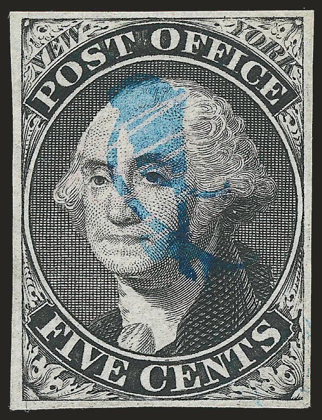 New York N.Y., 5c Black, ACM Initials (9X1).> Control initials lightened, full even margins, blue ms. cancel, Very Fine appearance with 2004 P.F. certificate