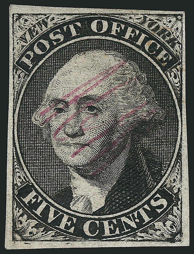 New York N.Y., 5c Black, ACM Initials, Sperati Reproduction (9X1 var).> Characteristic Sperati flaw, large margins, Very Fine, red backstamp