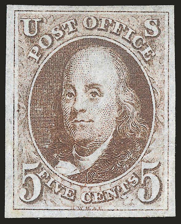 5c Brown (1).> Part original gum, large even margins around, deep rich color and clear impression, minor diagonal corner crease<><>^EXTREMELY FINE APPEARANCE. A WONDERFULLY LARGE-MARGINED UNUSED EXAMPLE OF THE
5-CENT 1847 ISSUE.^<><>With 1983 P.F