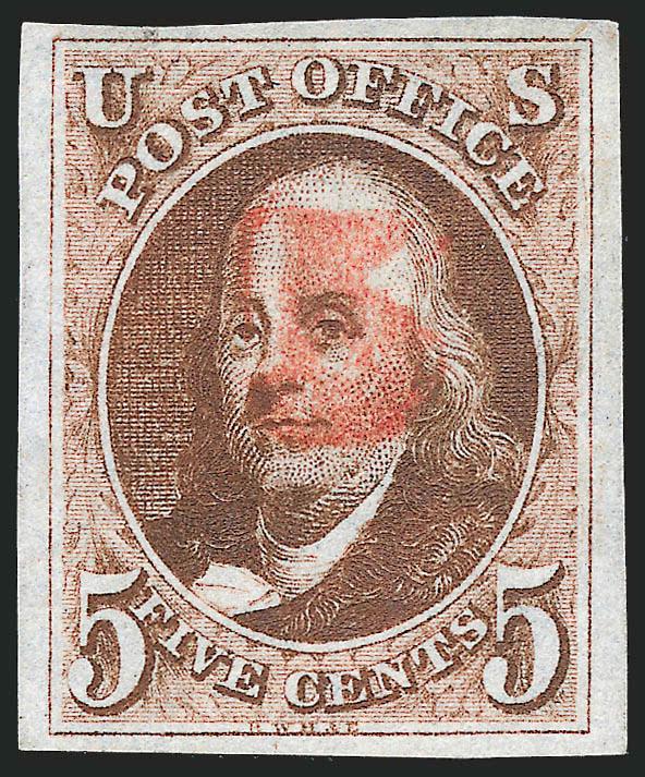 5c Red Brown (1).> Full to huge margins, extraordinarily beautiful color and detailed impression, <red numeral 5 cancel,> Extremely Fine, with 2008 P.S.E. certificate (XF 90 SMQ $960.00 with ordinary
cancellation)