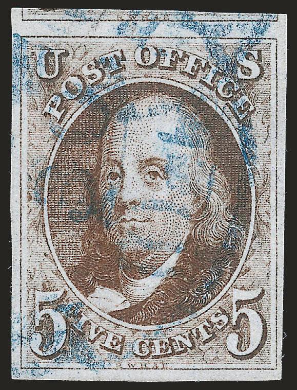 5c Red Brown (1).> Mostly large to huge margins incl. part of adjoining stamp a top, blue circular datestamp, Extremely Fine, ex Lessin, with 2002 P.F. certificate