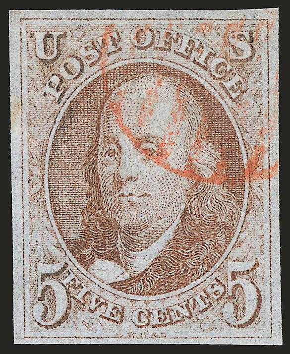 5c Red Brown (1).> Full even margins, attractive color and impression, neat red grid cancel, Very Fine and choice