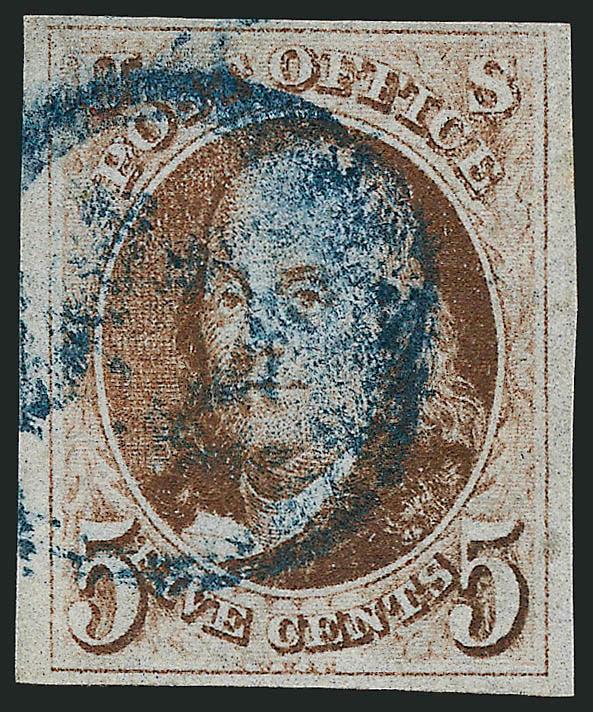 5c Red Brown (1).> Large to full margins, bright shade nicely complemented by <blue numeral in circle> cancel of Philadelphia, Very Fine, with 2008 P.F. certificate (F-VF 75 SMQ $335.00 as 70, $590.00 as 80),
this grade seems oddly low to us