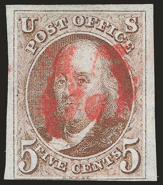 5c Red Brown (1).> Three large to huge margins, clear to touching at bottom, lovely color and impression, <red numeral 5 cancel> struck twice, light horizontal crease, Fine appearance, with 2007 P.S.E.
certificate