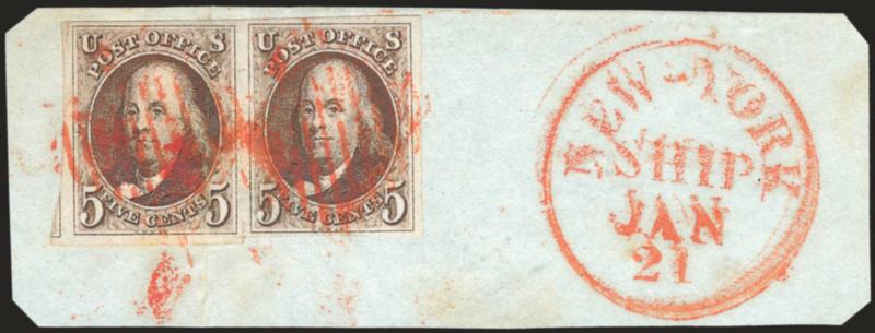 5c Red Brown (1).> Horizontal pair, large margins all around incl. part of adjoining stamp at left, small scissors-cut between stamps at bottom and at top left, tied by red square grids, matching< New-York Ship
Jan. 21> circular datestamp on small
