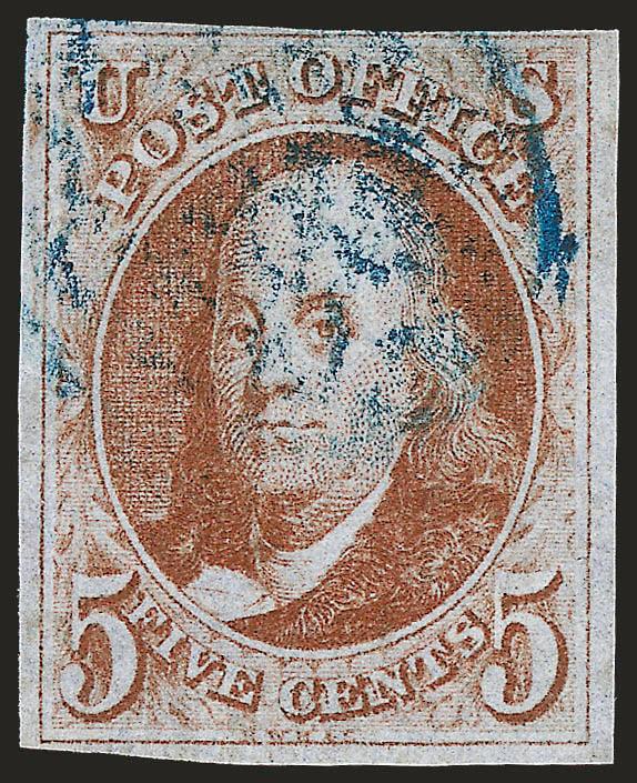 5c Orange Brown (1b).> Large margins to clear, radiant color nicely complemented by <blue grid> cancel, fresh and Fine, with 1984 P.F. certificate